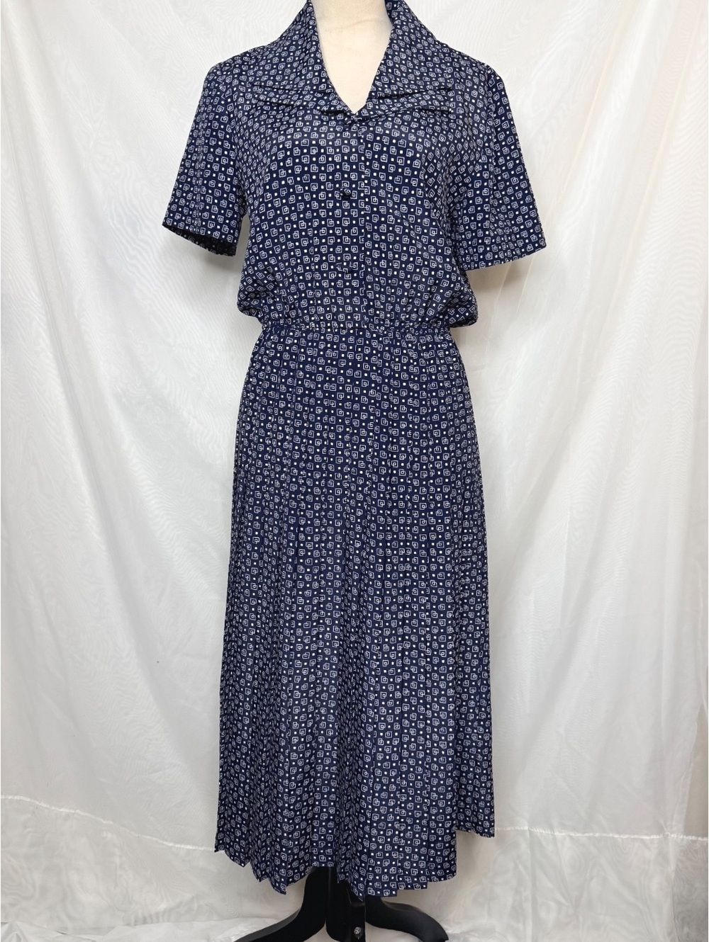 80s Leslie Fay Geometric Wide Collar Midi Dress 6